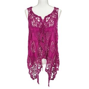 Fuchsia Crochet Floral Lace Vest Kimono One Size Boho Festival